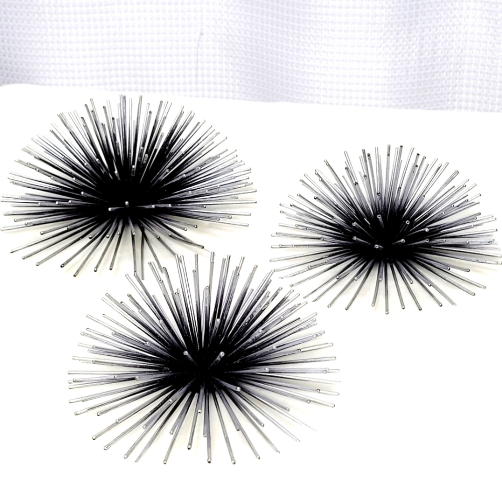MCM Retro Antiqued Silver Starburst Metal Wall Sculpture Art (set of 3)